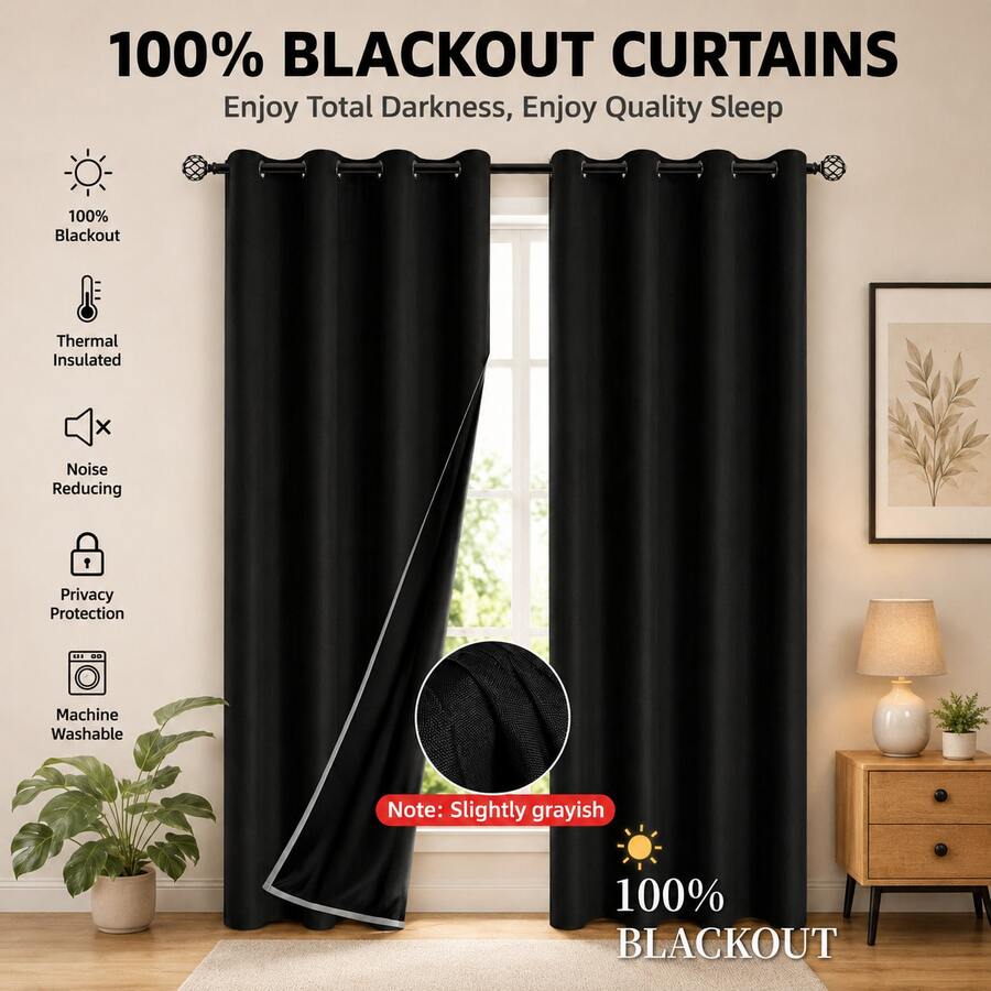 1pc 100% Blackout Solid Color Rod Pocket Curtain, Minimalist Room Darkening Thermal Insulated & Privacy Protection Window Panel With Coated Lining, For Bedroom, Living Room, Office & Outdoor Home Decor. - Black - View 1