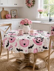 1 pieza Mantel de Halloween rosa claro, estampado de lazo femenino, fantasma, murciélago negro y calabaza rosa con borde ondulado, decoración linda y espeluznante para fiesta de Halloween, hogar, cocina y comedor - Multicolor - Ver 8