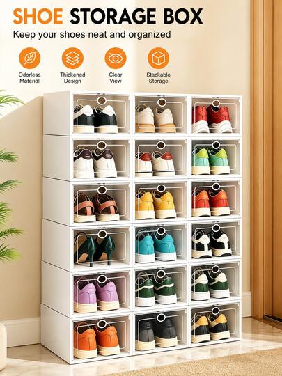 12Pcs Thickened Foldable Transparent Shoe Storage Box, Side Opening Stackable Anti-Collapse Dustproof Sneaker Display Organizer, Space Saving Visible Plastic Shoe Container, For Closet Dorm Bedroom Entryway Under Bed Sneaker Heels Boots White Black