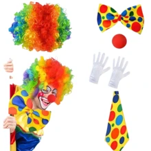 5pcs Carnival Clown Costume Set Includes: Rainbow Clown Wig, Clown Nose, Bow Tie, White Gloves, Party Carnival Clown Accessories And Carnival Performance Costume.,Halloween - Multicolor - View 6