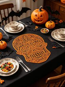 1-4 Stücke orangefarbene Totenkopf-Tischsets, dunkler gotischer Stil, weiches PVC, Cut Out geschnitztes Totenkopf-Design, waschbar, rutschfest, geeignet für Halloween / Tag der Toten Tischdekoration - Verschiedenfarbig - Übersicht 16