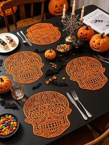 1-4 Stücke orangefarbene Totenkopf-Tischsets, dunkler gotischer Stil, weiches PVC, Cut Out geschnitztes Totenkopf-Design, waschbar, rutschfest, geeignet für Halloween / Tag der Toten Tischdekoration - Verschiedenfarbig - Übersicht 13