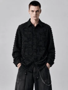 男士休闲宽松毛绒格子衬衫，春夏秋季长袖上衣 - 黑色 - 查看 1