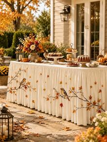 1pc Cream Autumn Bird Table Skirt, Farmhouse Style Polyester Rectangular Pleated Tablecloth Skirt, Maple Leaf Print, Decorative Buffet Dessert Tablecloth, Suitable For Thanksgiving Dinner, Autumn Wedding, Birthday Party And Home Decor - Multicolor - View 1