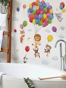 1pc Colorful Balloon Cute Animals Lion Fox Monkey White Cloud Wall Decor Sticker Removable Room Decoration Wall Decal For Bedroom Living Room Kids Room - 1PC - View 3