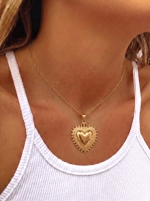 1 Stück übertriebener Herz-Leucht-Anhänger im europäischen & amerikanischen Stil, 18K vergoldeter Herz-Anhänger Halskette, zarte elegante Edelstahl Halskette, Valentinstag Geschenk, Thanksgiving Geschenk, Strand Geschenk, Unisex Schmuck, geeignet für Männer & Frauen, wasserfest & farbbeständig - Verschiedenfarbig - Übersicht 1
