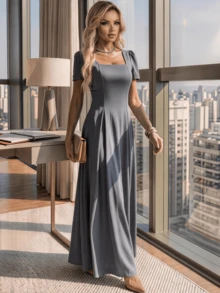 Long Dress With Short Sleeves, Square Neckline, Solid Color, Elegant, Sizes S M L - 灰色 - 查看 2