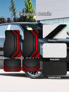 4pcs Universal Red Striped Car Floor Mats, Waterproof Anti-Slip Rubber Bottom, Stain-Resistant Wear-Resistant Trimmable, Suitable For Sedans, SUVs, Trucks, Daily Driving Vehicle Interior Protection - A - View 2
