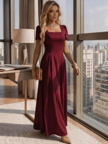 Long Dress With Short Sleeves, Square Neckline, Solid Color, Elegant, Sizes S M L - 酒紅色 - 查看 2