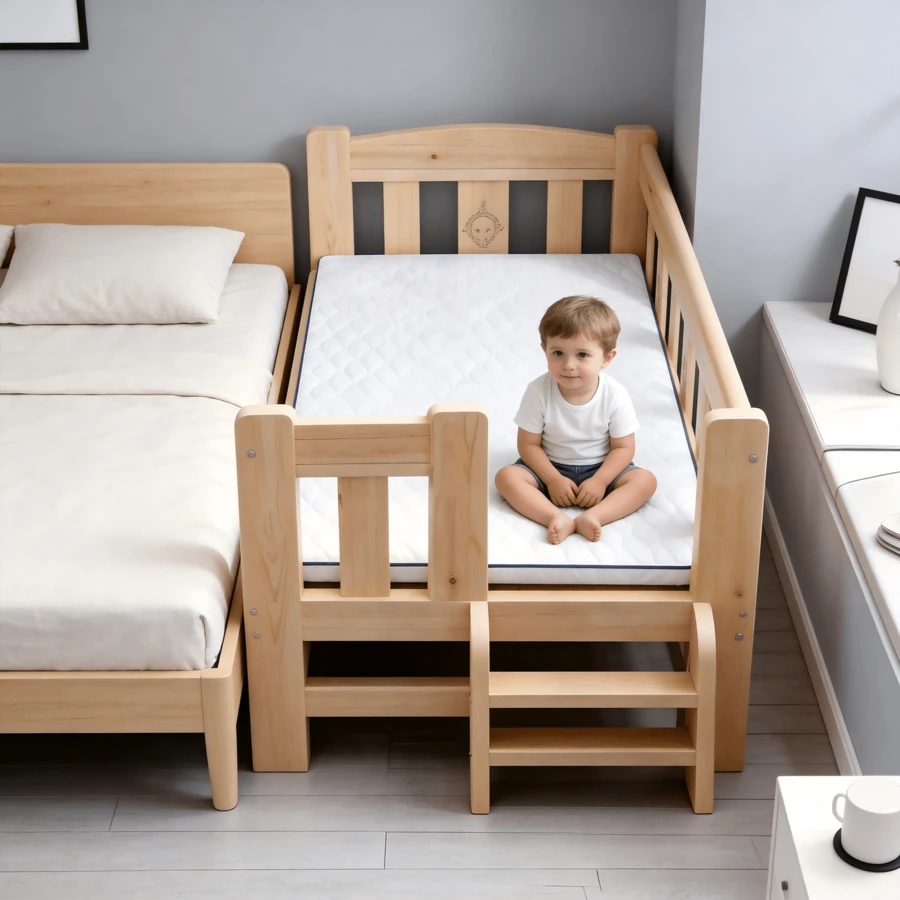 Cama Auxiliar Infantil De Pino Natural Con Colchón Transpirable Y Escalera Integrada, Se Coloca Junto A La Cama Principal - Beis - Ver 1