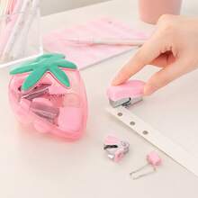 1 Set Strawberry Pattern Stapler Kit, Cute Style Desktop Storage Student Planner Efficiency Tool Set, Planner Dedicated Stapler, Stapler With Storage Box, Mini Stapler Set - Multicolor - View 5