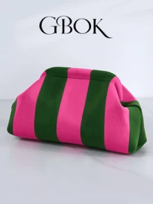 Retro Contrast Stripe Pattern Clutch Bag, Knitted Hand Carry Pouch, Vacation Classic , Green, Wedding - Turquoise - View 2