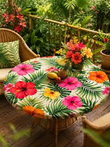 1 Stück Hawaiianischer Hibiskus & Tropisches Palmblatt Blumenmuster Runde Elastische Tischdecke, Creme Beige Insel Hofstil Passgenaue Runde Tischdecke, Geeignet für Terrasse Nachmittagstee, Garten Esszimmer, Wintergarten & Sommerurlaub Thema Dekoration, Küchenbedarf, Tischdecke für Esszimmer, Heimdekoration - Verschiedenfarbig - Übersicht 9