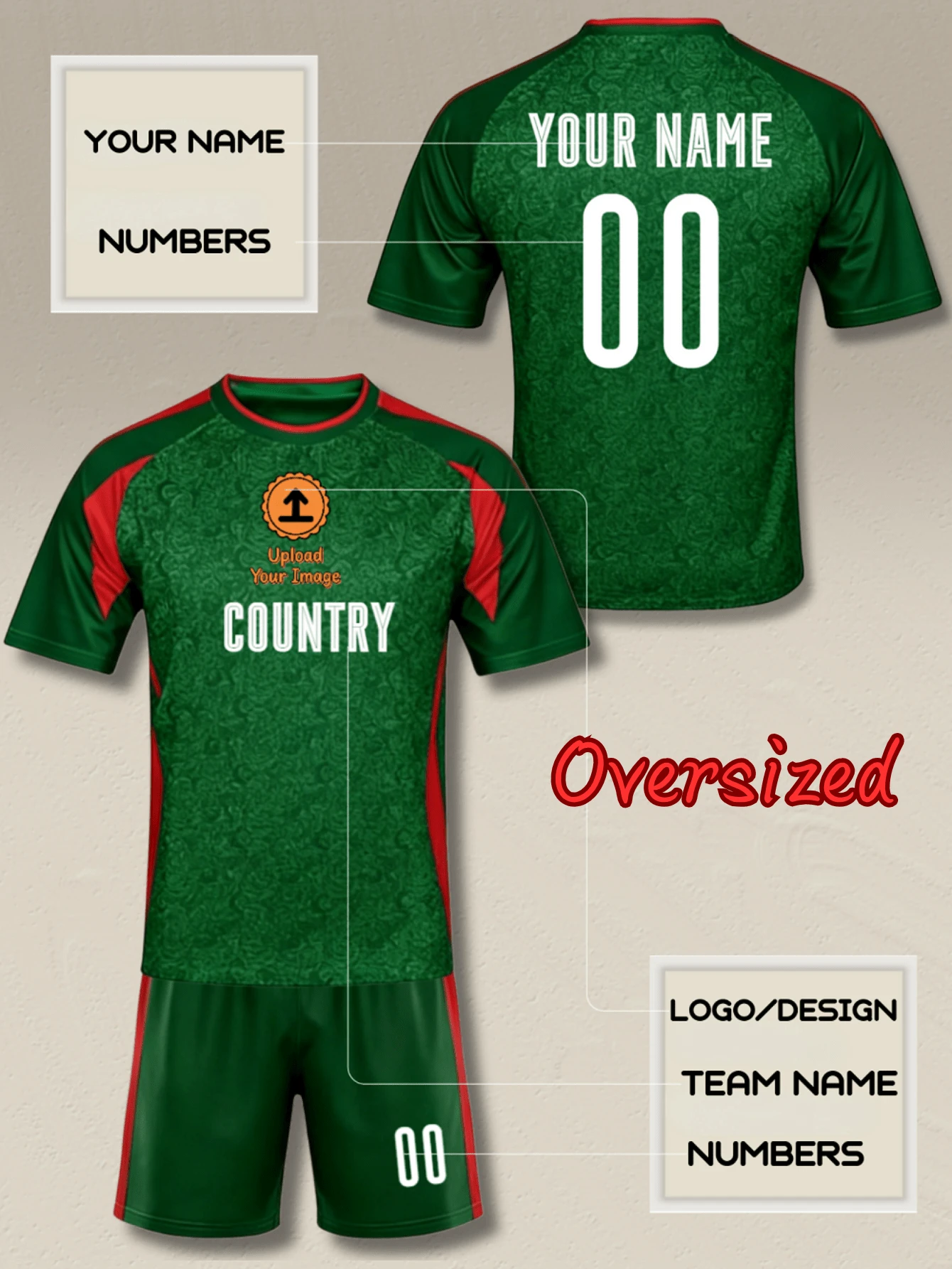 Plus Size Custom Soccer Jersey Set Personalized Oversized Men Football Uniform,Custom Team Name Number Graphic Shirt Shorts Kit,Green Red Sports Wear