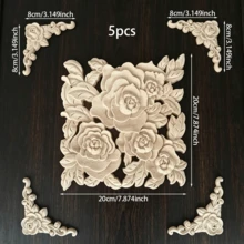 5pcs Solid Wood Carving Rose Decals And Rose Horn Flowers, Home Decorations, Suitable For Cabinets, Doors And Windows, Furniture, Background Walls, Porches, Offices And Other Decorations, Holiday Decorations, DIY Decorations. - Multicolor - View 13