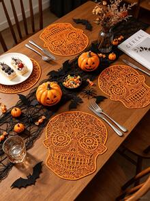 1-4 Stücke orangefarbene Totenkopf-Tischsets, dunkler gotischer Stil, weiches PVC, Cut Out geschnitztes Totenkopf-Design, waschbar, rutschfest, geeignet für Halloween / Tag der Toten Tischdekoration - Verschiedenfarbig - Übersicht 11