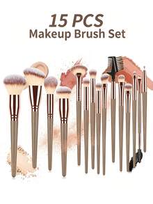 Set de 15 piezas de brochas de maquillaje con mango dorado champán, cerdas sintéticas suaves para polvo, rubor, base, contorno, sombra de ojos, difuminado y cejas, kit completo de maquillaje facial, herramienta de belleza profesional para maquillaje diario y de salón - Multicolor - Ver 2