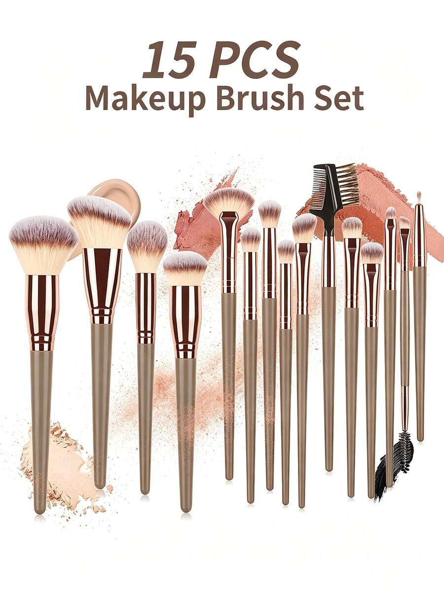 Set de 15 piezas de brochas de maquillaje con mango dorado champán, cerdas sintéticas suaves para polvo, rubor, base, contorno, sombra de ojos, difuminado y cejas, kit completo de maquillaje facial, herramienta de belleza profesional para maquillaje diario y de salón