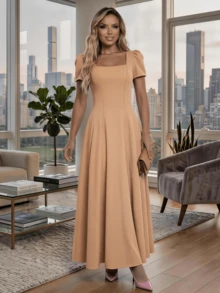 Long Dress With Short Sleeves, Square Neckline, Solid Color, Elegant, Sizes S M L - 卡其色 - 查看 2