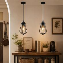 1 Buah Lampu Gantung Sangkar Burung Besi Industri Vintage, Lampu Gantung Logam Kreatif dengan Soket E27, Cocok untuk Ruang Makan, Bar, Dapur, Ruang Tamu, Perlengkapan Pencahayaan Gaya Minimalis Loft Nordik (Bola Lampu Tidak Termasuk) - Hitam - View 1