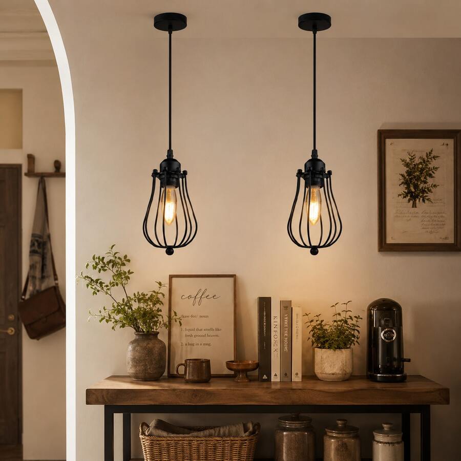 1 Buah Lampu Gantung Sangkar Burung Besi Industri Vintage, Lampu Gantung Logam Kreatif dengan Soket E27, Cocok untuk Ruang Makan, Bar, Dapur, Ruang Tamu, Perlengkapan Pencahayaan Gaya Minimalis Loft Nordik (Bola Lampu Tidak Termasuk) - Hitam - View 1