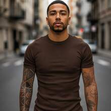 American Ribbed Fitted T-Shirt, Gringa Style, Slim Fit, Casual, Premium Men's Spring/Summer - Rust Brown - View 1
