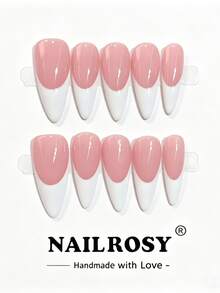 nailrosy 10片手工穿戴式假指甲 中長杏仁形 裸色白色法式邊 亮面 經典簡約優雅 日常美甲 - 粉色 - 查看 9