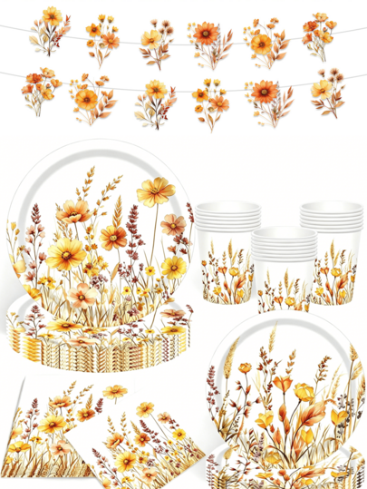 Bộ đồ dùng bàn ăn bằng giấy họa tiết hoa dại mùa thu 1 cái/10 cái/20 cái/50 cái/80 cái/81 cái, đĩa giấy hoa mùa thu 7/9 inch, cốc cao 3.5 inch, khăn ăn 6.5 inch, dây hoa dại, băng rôn giấy, phong cách vintage lúa mì, cam mộc mạc cho Lễ Tạ ơn, mùa thu, sinh nhật, đám cưới
