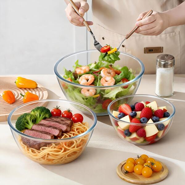 Thick Borosilicate Glass Mixing & Salad Bowls, Suitable For Microwave And Dishwasher , Perfect For Kitchen Baking And Food Serving