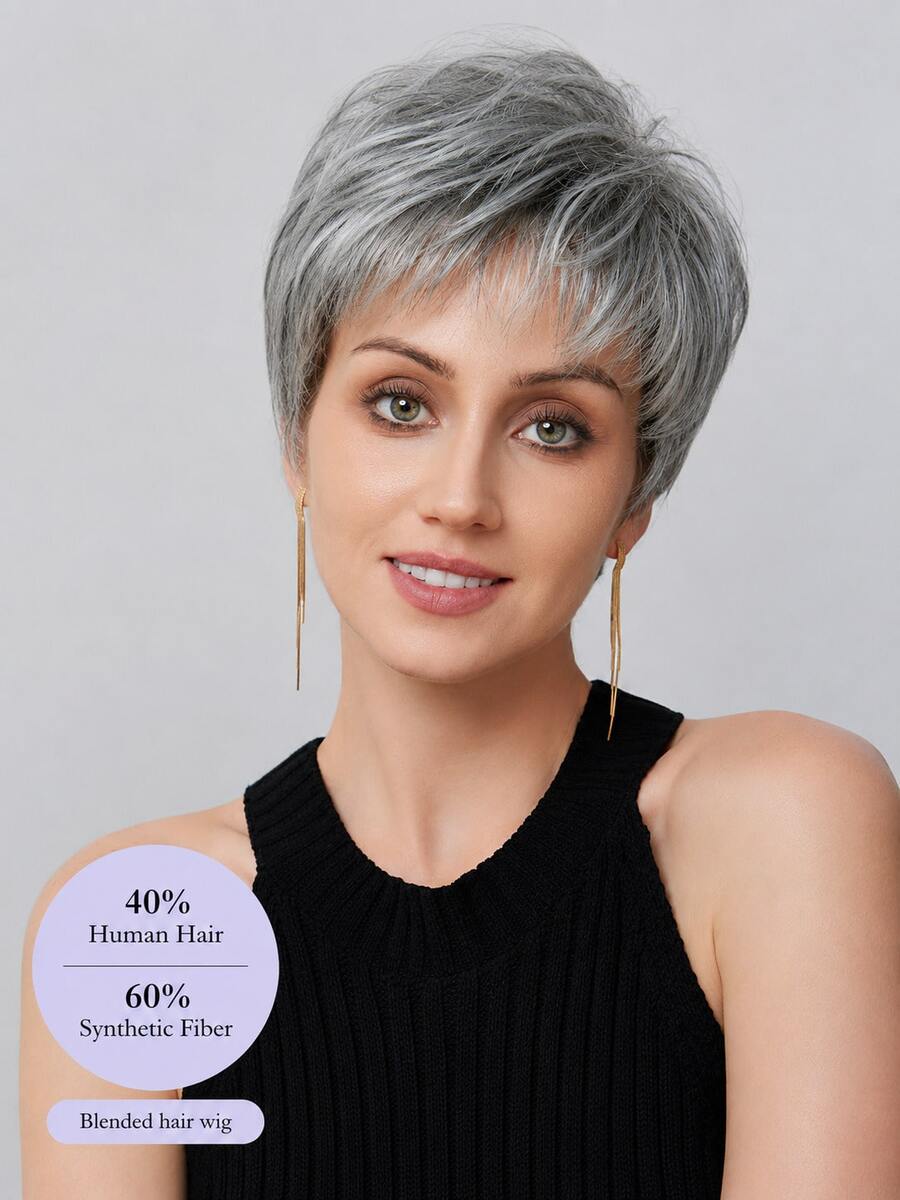 Women's Short Pixel Head Wig, Silver Gray Salt And Pepper Synthetic Hair Wig With Bangs, Layered Natural Style Heat Resistant Wig, Breathable Cap Suitable For Daily Casual Wear - SGray - View 1