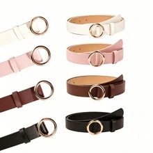 Korean-Style Gentle Pink Thin Waist Belt, Minimalist Single-Loop Design, Exquisite And Compact. Soft And Smooth Leather Texture, Perfect For Daily Matching With Dresses And Shirts. Slim Belt Body Without Bulk, Easily Accents Your Outfit, Creating A Fresh And Sweet Look, Versatile And Practical For Casual Outings And Daily Commuting. - Gold Round Buckle - View 3