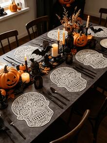 1-4 Stücke orangefarbene Totenkopf-Tischsets, dunkler gotischer Stil, weiches PVC, Cut Out geschnitztes Totenkopf-Design, waschbar, rutschfest, geeignet für Halloween / Tag der Toten Tischdekoration - Verschiedenfarbig - Übersicht 7