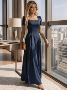 Long Dress With Short Sleeves, Square Neckline, Solid Color, Elegant, Sizes S M L - Navy Blue - View 2