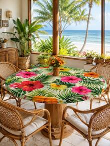 1 Stück Hawaiianischer Hibiskus & Tropisches Palmblatt Blumenmuster Runde Elastische Tischdecke, Creme Beige Insel Hofstil Passgenaue Runde Tischdecke, Geeignet für Terrasse Nachmittagstee, Garten Esszimmer, Wintergarten & Sommerurlaub Thema Dekoration, Küchenbedarf, Tischdecke für Esszimmer, Heimdekoration - Verschiedenfarbig - Übersicht 6