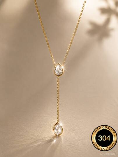 VceTd 1pc Minimalist Water Drop Pendant Stainless Steel Y-Shaped Necklace For Women, Suitable For Daily Wear, Vacation Or Gift