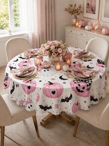 1 pieza Mantel de Halloween rosa claro, estampado de lazo femenino, fantasma, murciélago negro y calabaza rosa con borde ondulado, decoración linda y espeluznante para fiesta de Halloween, hogar, cocina y comedor - Multicolor - Ver 16
