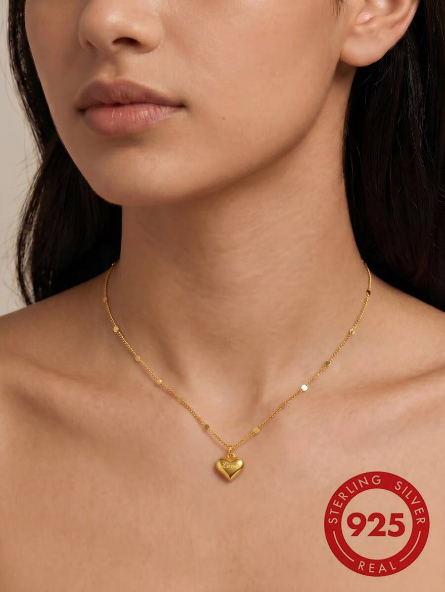 Elegant Minimalist Engraved Heart S925 Silver Necklace, 18K Gold Plated Plain Metal Anti Allergy Daily Office Jewelry - Gold - View 1