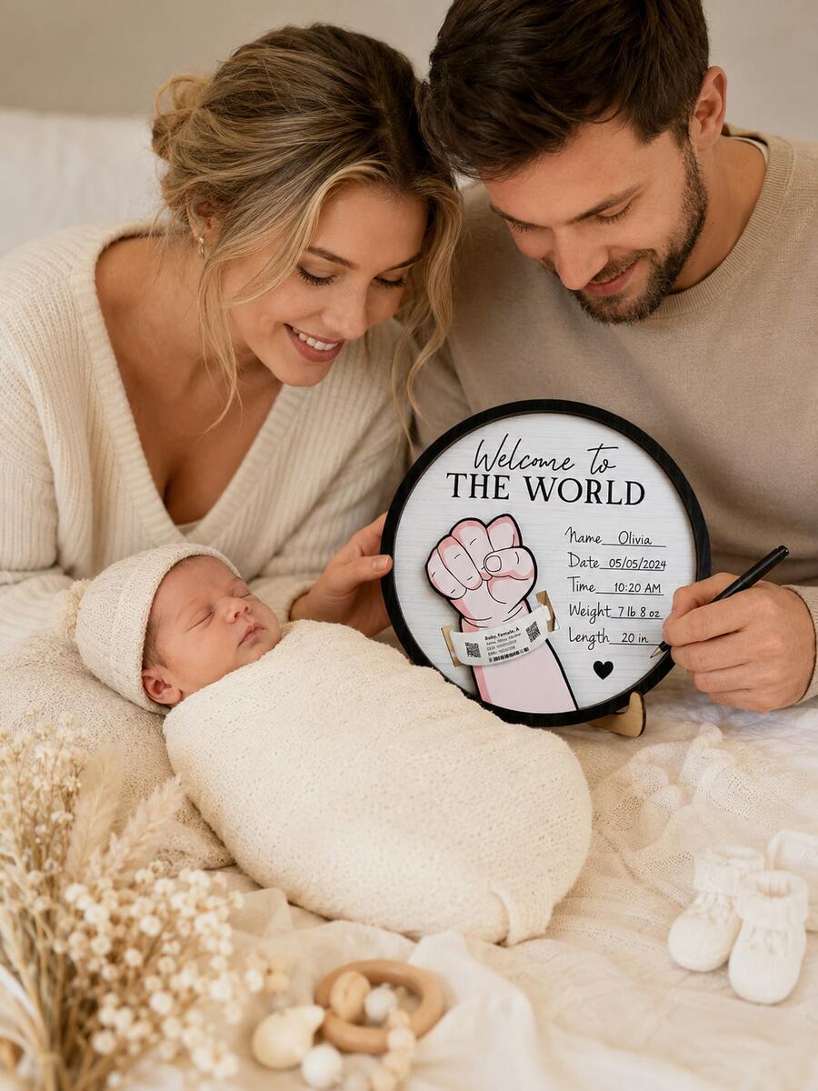 Baby Announcement Sign With Hospital Band Fist Design -Baby Essentials Newborn Newborn Photoshoot Prop Baby Shower Gift Hospital Bag Essentials - Multicolor - View 1
