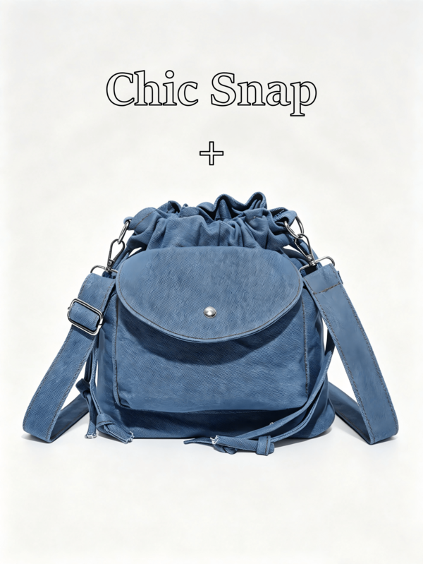 Vintage Washed Denim Drawstring Bucket Bag, Flap Snap Closure Wide Shoulder Crossbody Bag, Casual Versatile Utility Style Shoulder Bag, Lightweight Canvas Bag For Student Daily Commute And Storage
