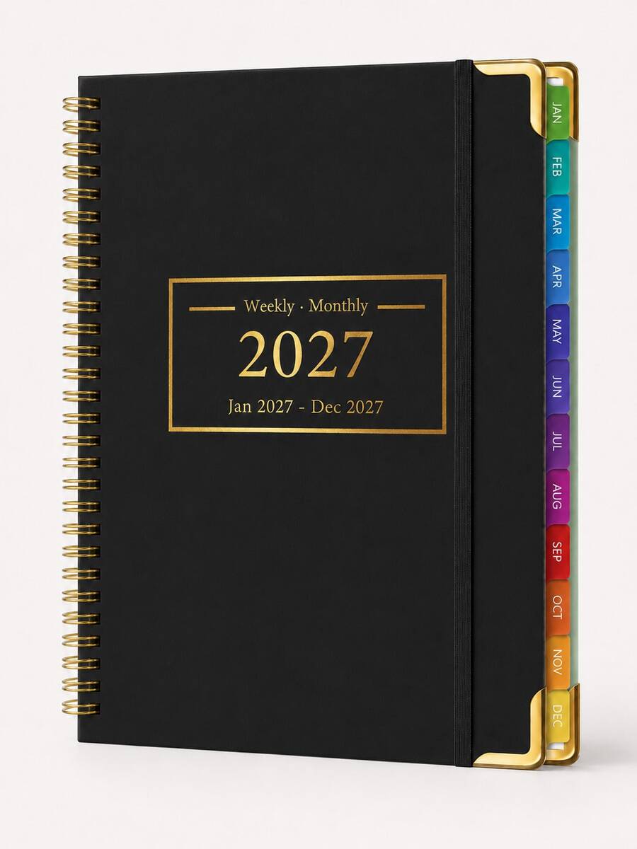 BUBU 2027年計畫本，週計畫與月計畫排版日程本，附彩色索引標籤、筆記頁與優先順序管理，年度規劃，返校用品，辦公用品 - 黑色 - 查看 1