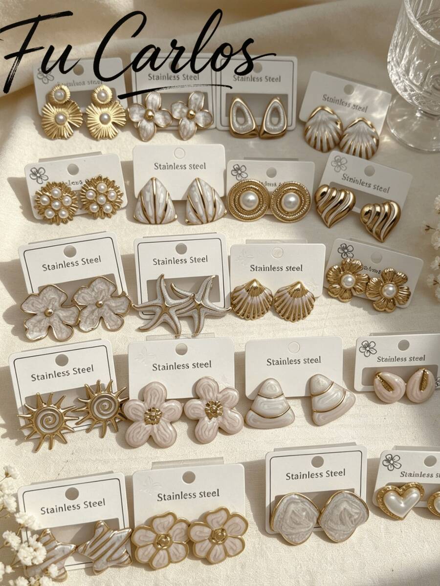 Juego de 24 piezas de pendientes de acero inoxidable blanco, pendientes asimétricos con diseños geométricos de flores y corazones para mujeres, joyería de moda para vacaciones de verano en la playa - Multicolor - Ver 1