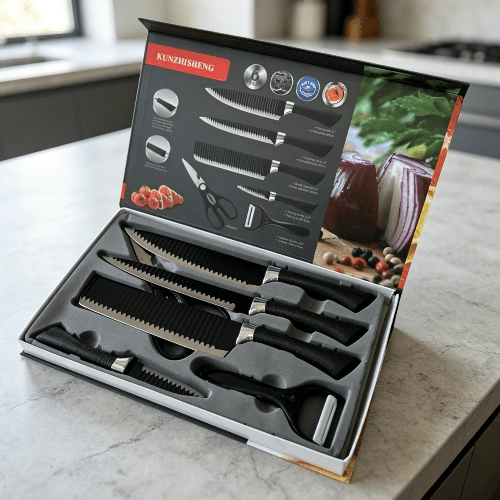 Conjunto de facas de aço inoxidável 6 peças  lâminas pretas onduladas  faca para pão faca para carne  fatiador de frutas  facas para uso doméstico - Preto - Visão 1