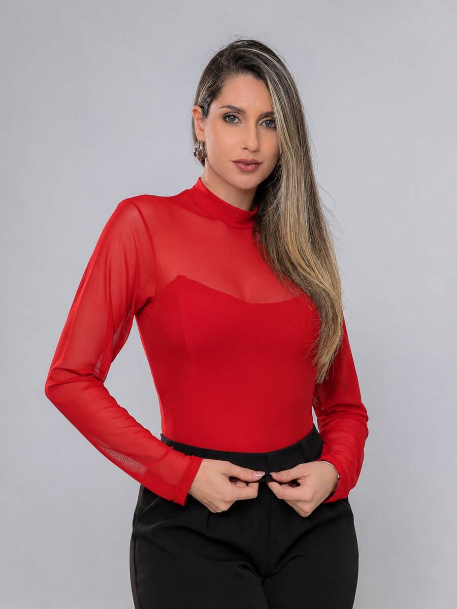 Women's Long-Sleeved Tulle Blouse With Elegant High Neck - Casual And Fashionable, Simple, Transparent, No Holidays, Nightwear, All Seasons - 紅色 - 查看 1