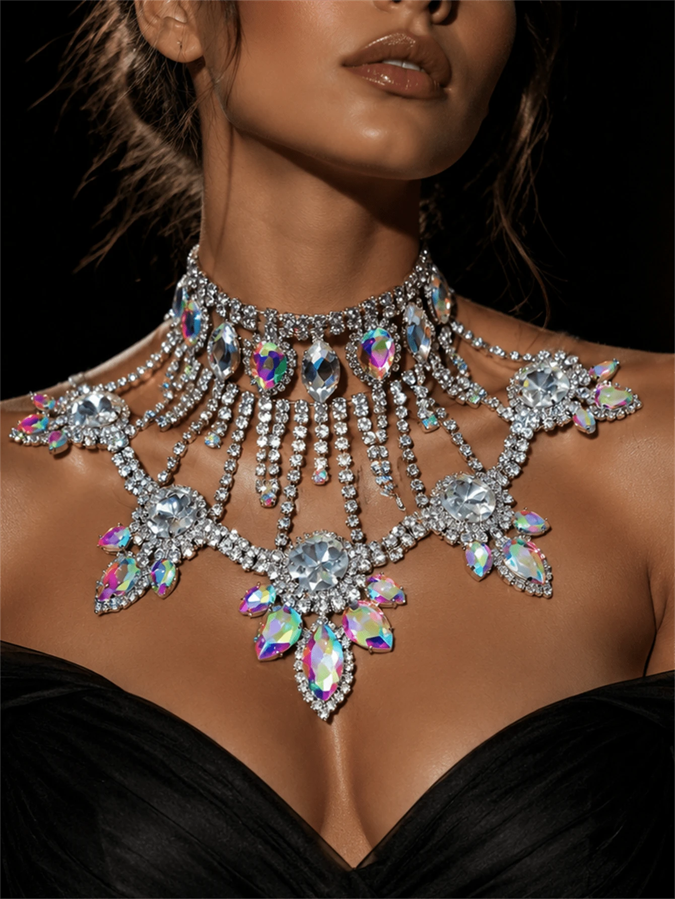 Luxury Personalized Bling Rhinestone Exaggerated Rhinestone Statement Necklace Bridal Wedding Jewelry - Multicolor - View 1