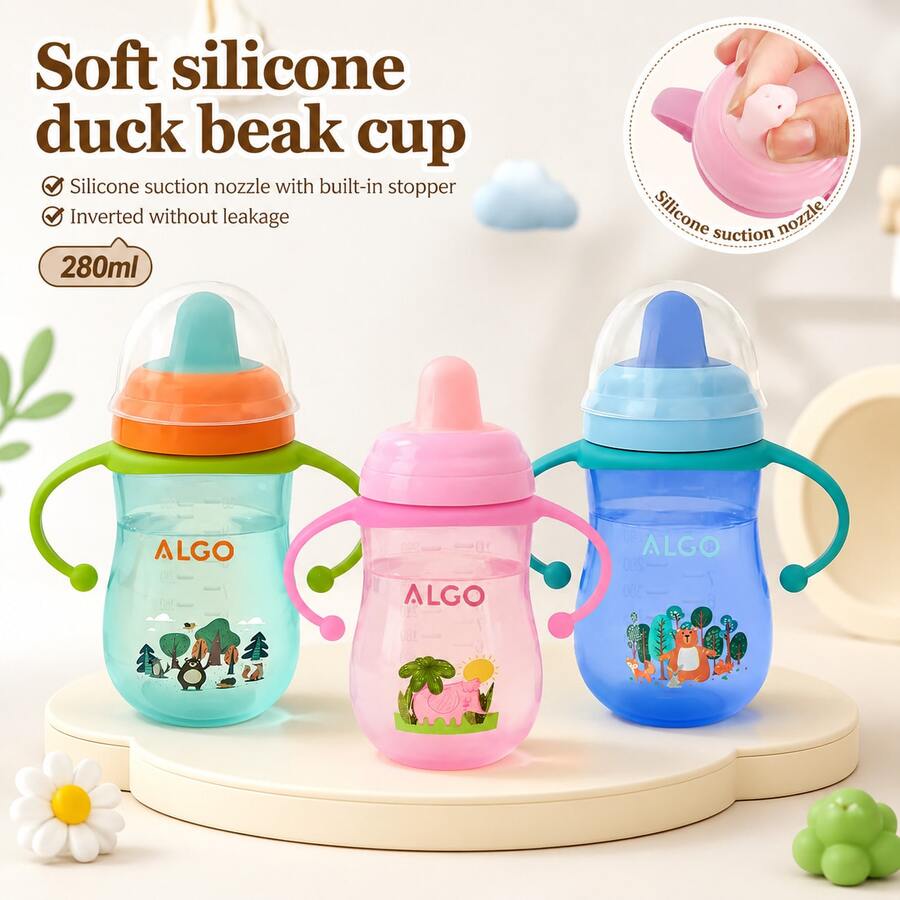 1pc 280ml Soft Silicone Duck Spout Sippy Cup, PP Material, Dual Handles, With Dust Cover, Clear Scale