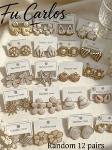 Juego de 24 piezas de pendientes de acero inoxidable blanco, pendientes asimétricos con diseños geométricos de flores y corazones para mujeres, joyería de moda para vacaciones de verano en la playa - Multicolor - Ver 8