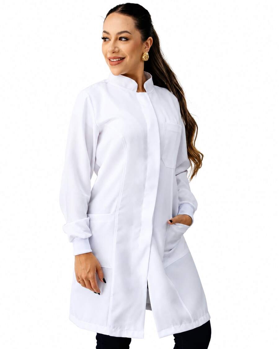 Jaleco Avental Botão Feminino Oxford Com Punho E Manga Longa Gola Padre, Acinturado, Slim