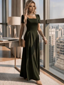 Long Dress With Short Sleeves, Square Neckline, Solid Color, Elegant, Sizes S M L - 軍綠色 - 查看 6
