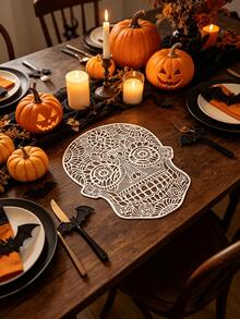 1-4 Stücke orangefarbene Totenkopf-Tischsets, dunkler gotischer Stil, weiches PVC, Cut Out geschnitztes Totenkopf-Design, waschbar, rutschfest, geeignet für Halloween / Tag der Toten Tischdekoration - Verschiedenfarbig - Übersicht 17