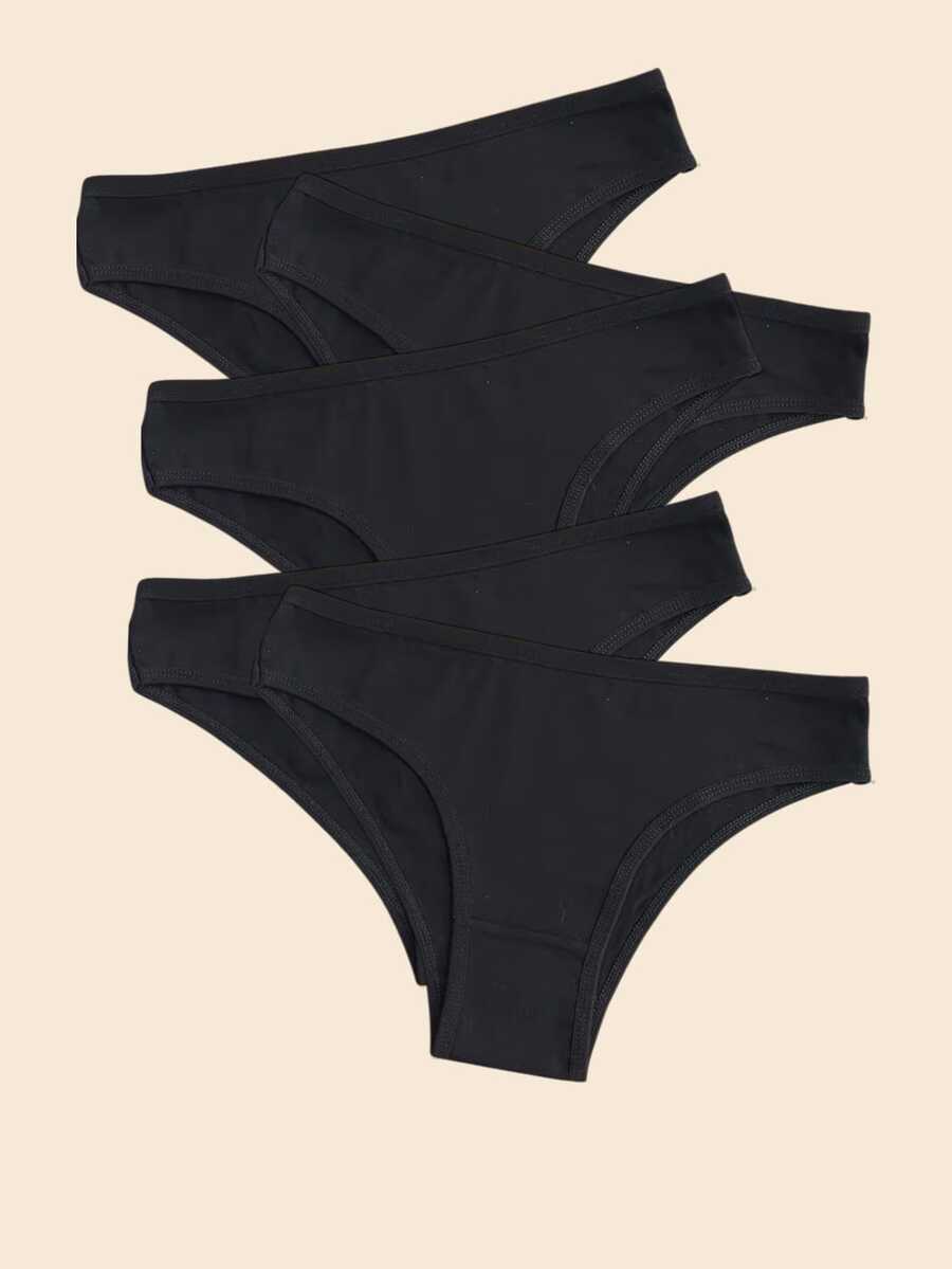 Set Of 5 Premium Cotton Thong Panties, Comfortable, Plain, Black - 基本黑色 - 查看 1